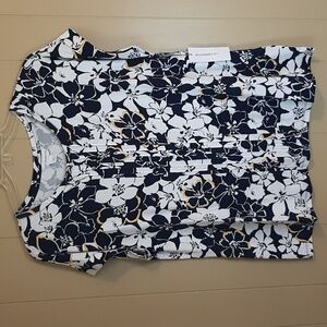 Liz Claiborne NWT Blouse Dark Navy Blue With White Floral Yellow Accent Size XXL